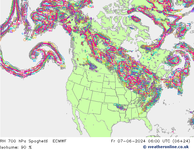 RH 700 hPa Spaghetti ECMWF Fr 07.06.2024 06 UTC