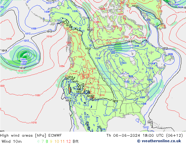 High wind areas ECMWF Čt 06.06.2024 18 UTC