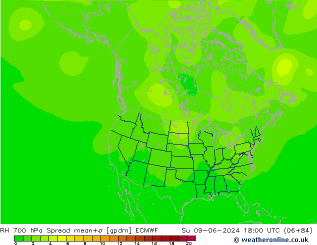 RH 700 hPa Spread ECMWF So 09.06.2024 18 UTC