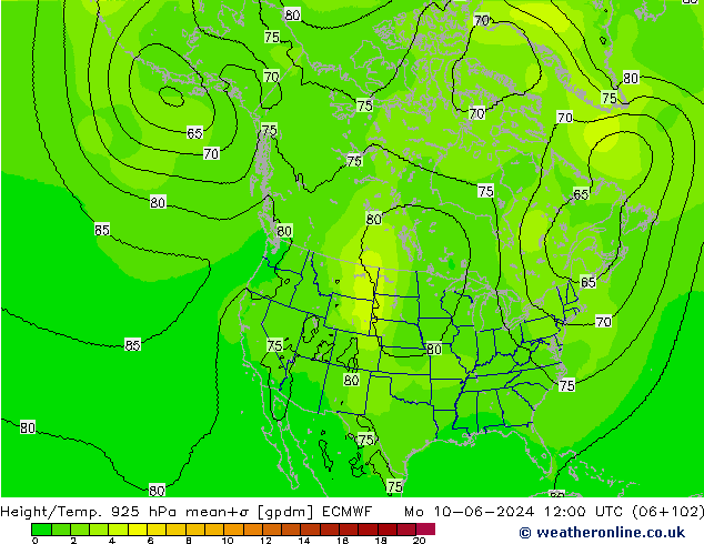 Height/Temp. 925 hPa ECMWF Mo 10.06.2024 12 UTC