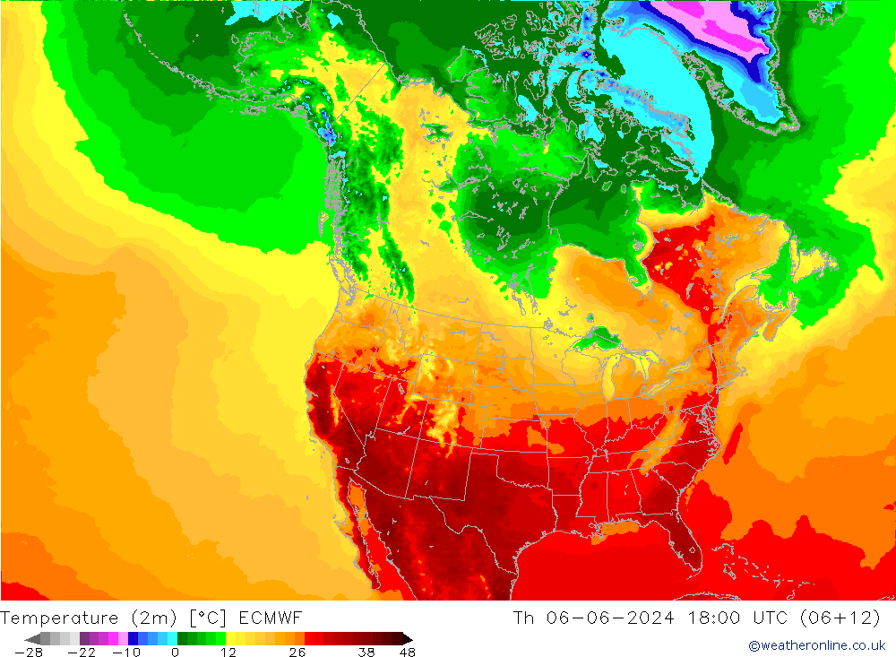 Temperatuurkaart (2m) ECMWF do 06.06.2024 18 UTC