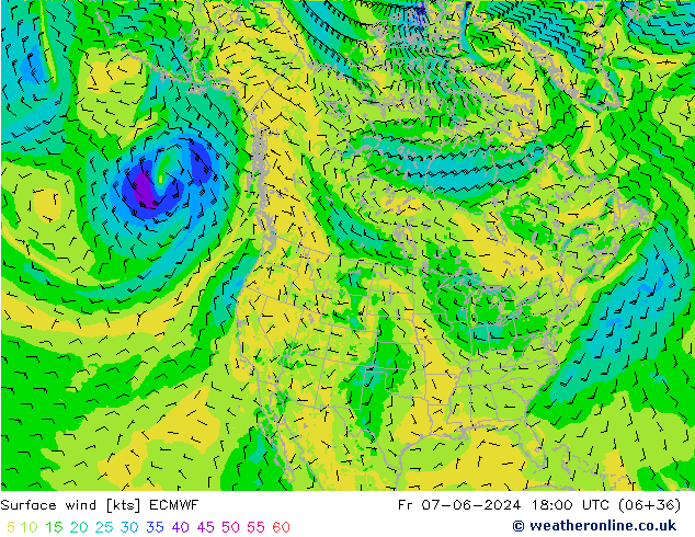 Surface wind ECMWF Pá 07.06.2024 18 UTC