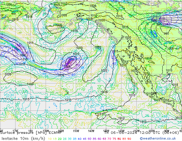 Isotachs (kph) ECMWF Čt 06.06.2024 12 UTC