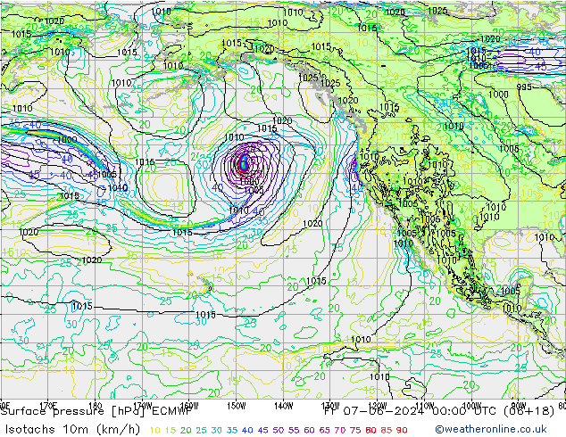 Isotachs (kph) ECMWF Fr 07.06.2024 00 UTC