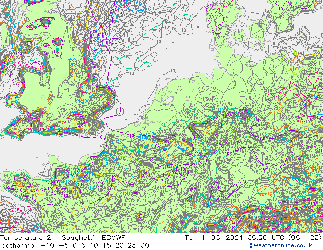 Temperature 2m Spaghetti ECMWF Út 11.06.2024 06 UTC