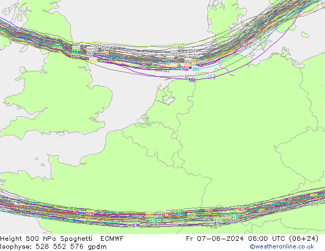 Height 500 hPa Spaghetti ECMWF Fr 07.06.2024 06 UTC