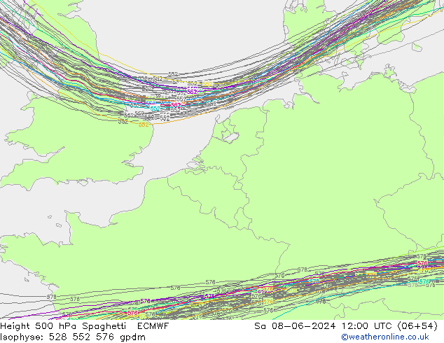 Height 500 гПа Spaghetti ECMWF сб 08.06.2024 12 UTC