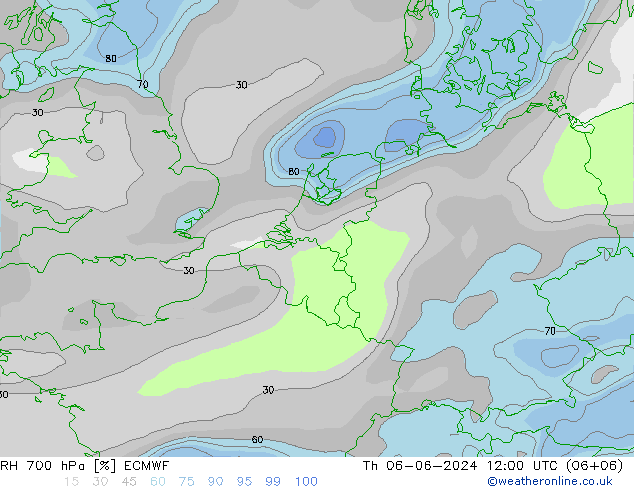 RH 700 hPa ECMWF gio 06.06.2024 12 UTC