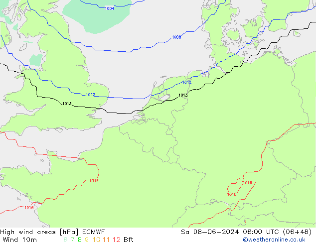 High wind areas ECMWF сб 08.06.2024 06 UTC