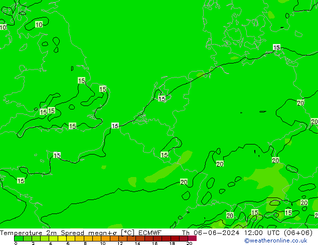 Temperatura 2m Spread ECMWF gio 06.06.2024 12 UTC