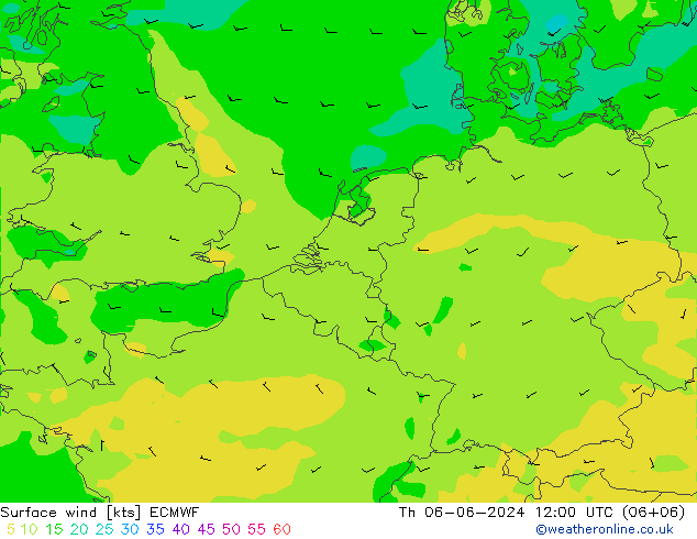 wiatr 10 m ECMWF czw. 06.06.2024 12 UTC