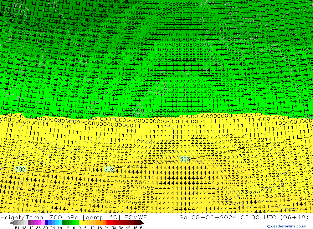 Height/Temp. 700 hPa ECMWF Sa 08.06.2024 06 UTC