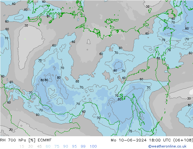 RH 700 hPa ECMWF pon. 10.06.2024 18 UTC