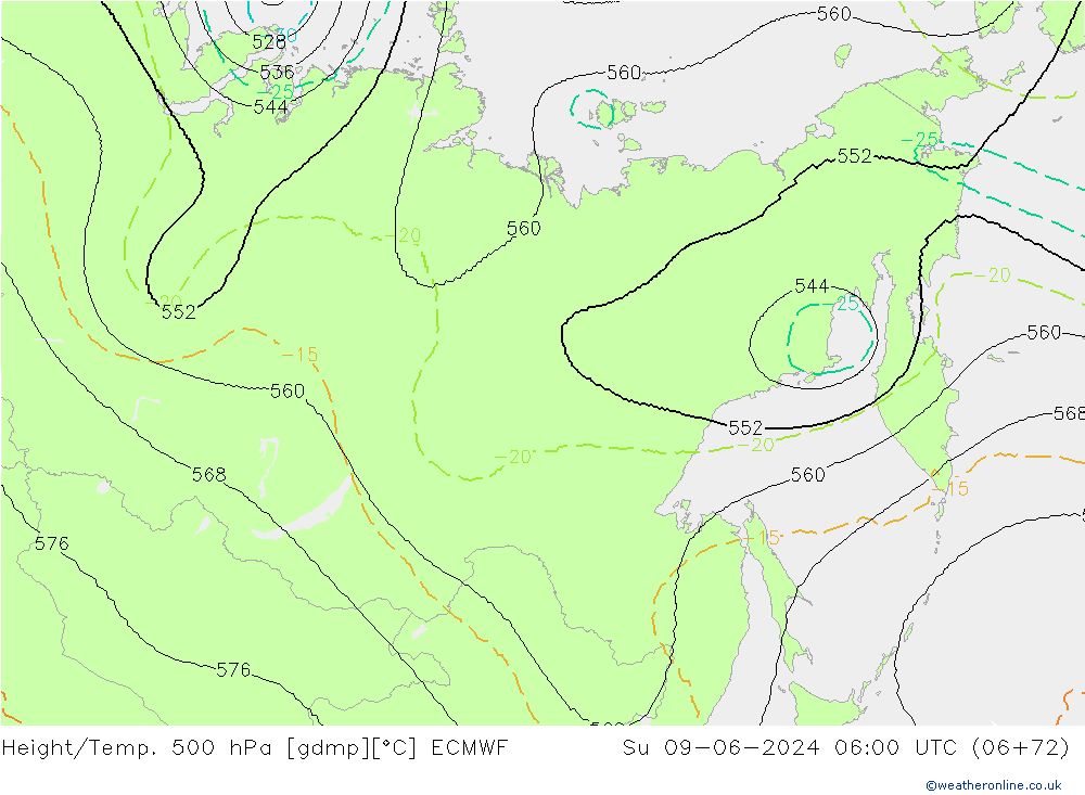 Hoogte/Temp. 500 hPa ECMWF zo 09.06.2024 06 UTC