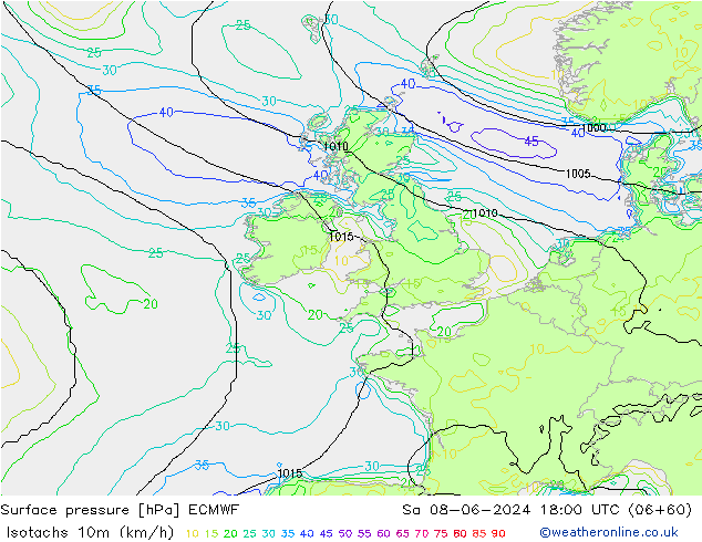 Isotachs (kph) ECMWF Sa 08.06.2024 18 UTC