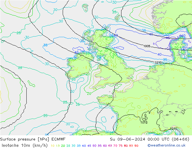 Isotachs (kph) ECMWF Su 09.06.2024 00 UTC