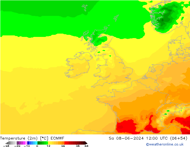 mapa temperatury (2m) ECMWF so. 08.06.2024 12 UTC