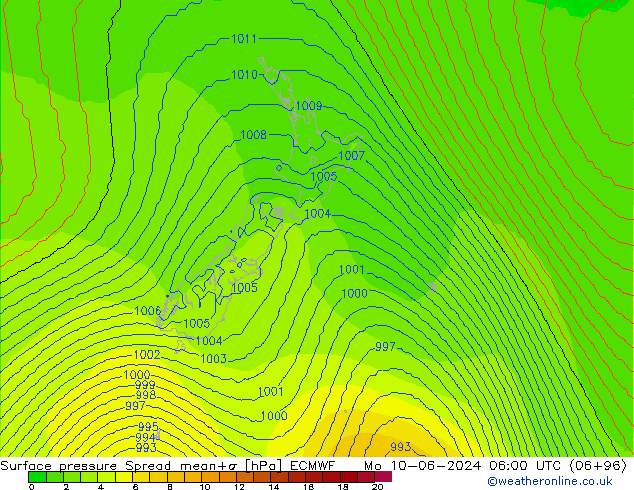 Atmosférický tlak Spread ECMWF Po 10.06.2024 06 UTC