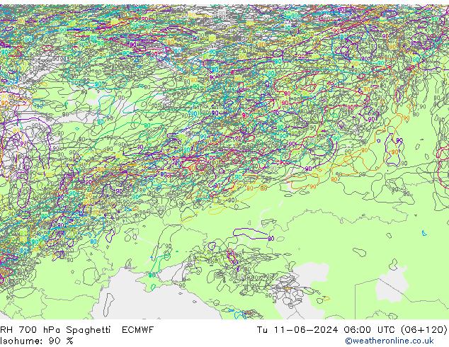 RH 700 hPa Spaghetti ECMWF  11.06.2024 06 UTC