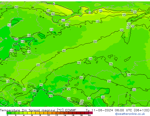 Temperature 2m Spread ECMWF Tu 11.06.2024 06 UTC