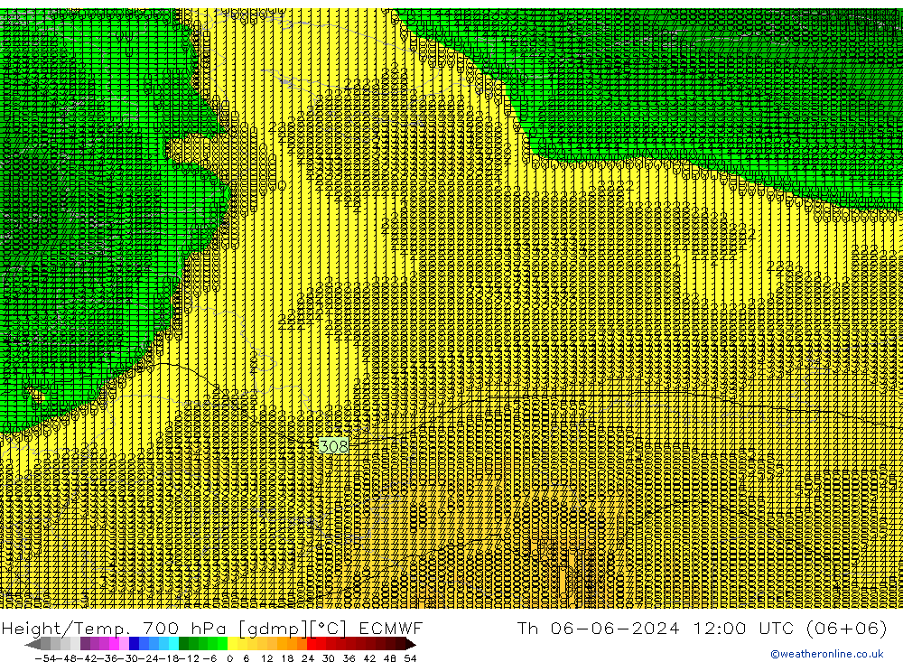 Height/Temp. 700 hPa ECMWF Qui 06.06.2024 12 UTC