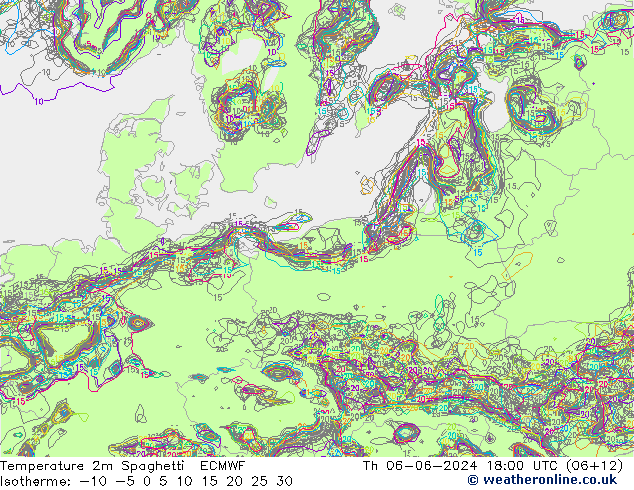 Temperature 2m Spaghetti ECMWF Th 06.06.2024 18 UTC