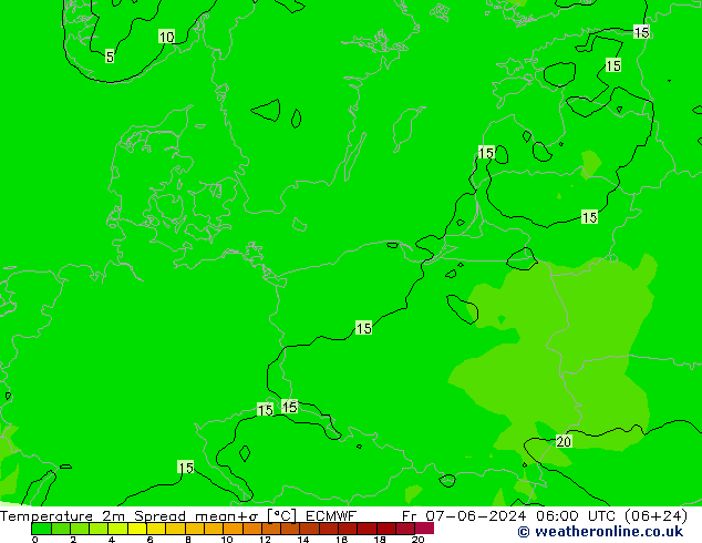 Temperatuurkaart Spread ECMWF vr 07.06.2024 06 UTC