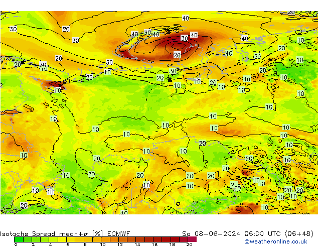 Isotachs Spread ECMWF Sa 08.06.2024 06 UTC