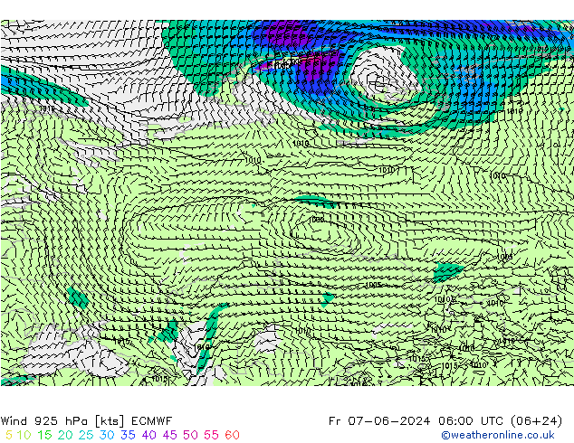 wiatr 925 hPa ECMWF pt. 07.06.2024 06 UTC