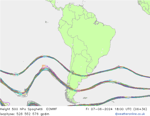 Height 500 hPa Spaghetti ECMWF Sex 07.06.2024 18 UTC