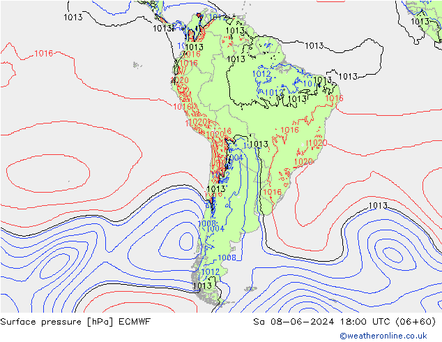 Presión superficial ECMWF sáb 08.06.2024 18 UTC
