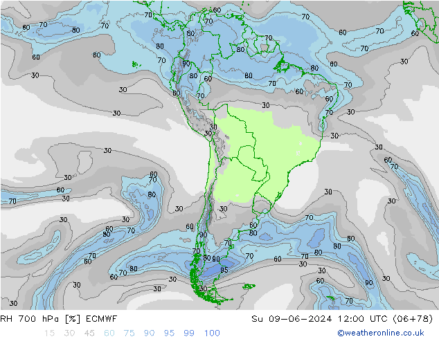 RH 700 hPa ECMWF nie. 09.06.2024 12 UTC