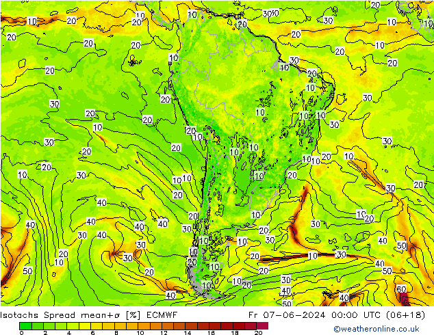 Isotachs Spread ECMWF Pá 07.06.2024 00 UTC