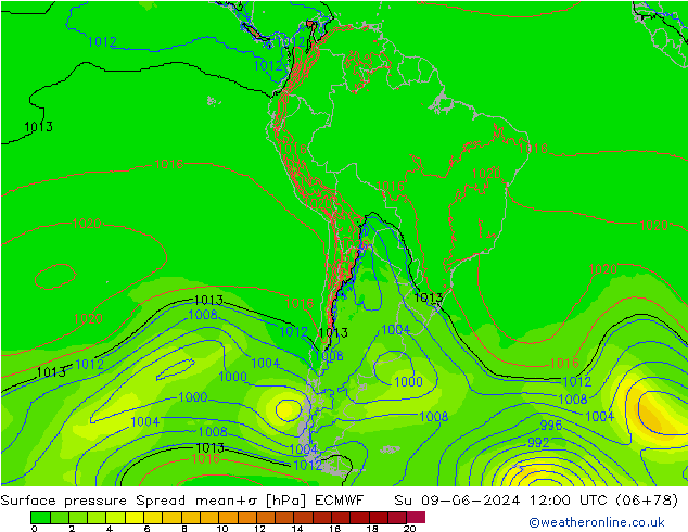 Presión superficial Spread ECMWF dom 09.06.2024 12 UTC