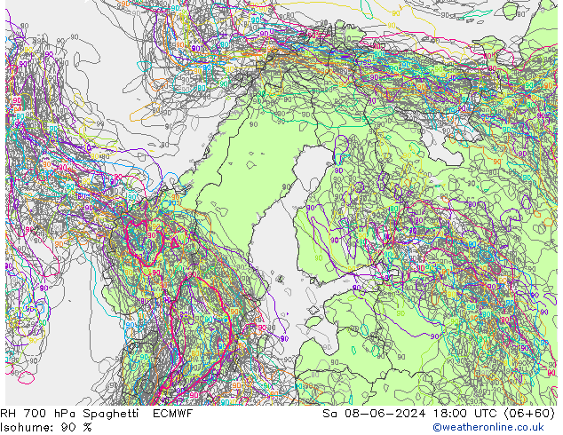 RH 700 hPa Spaghetti ECMWF Sa 08.06.2024 18 UTC