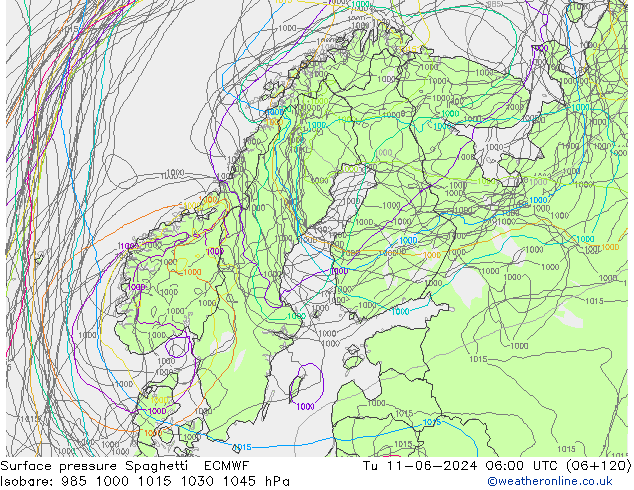 Bodendruck Spaghetti ECMWF Di 11.06.2024 06 UTC