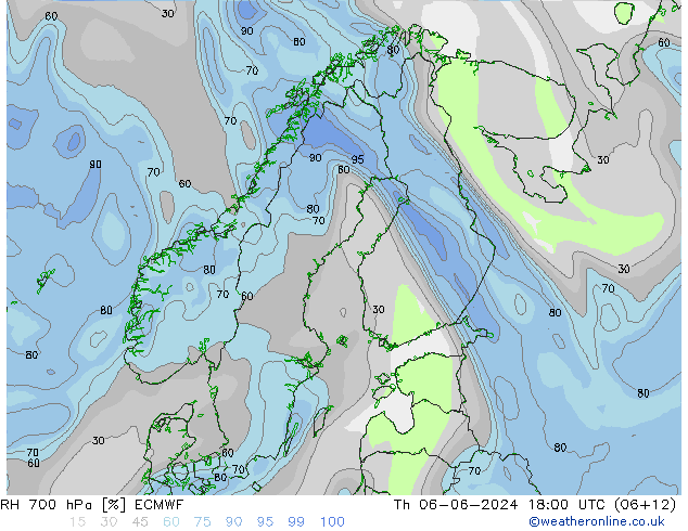 RH 700 hPa ECMWF Th 06.06.2024 18 UTC