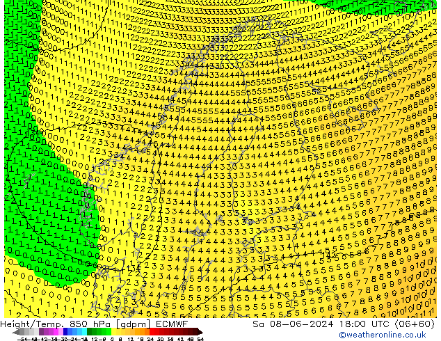 Height/Temp. 850 hPa ECMWF Sa 08.06.2024 18 UTC