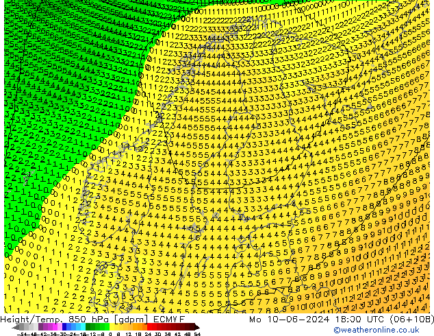 Height/Temp. 850 hPa ECMWF pon. 10.06.2024 18 UTC