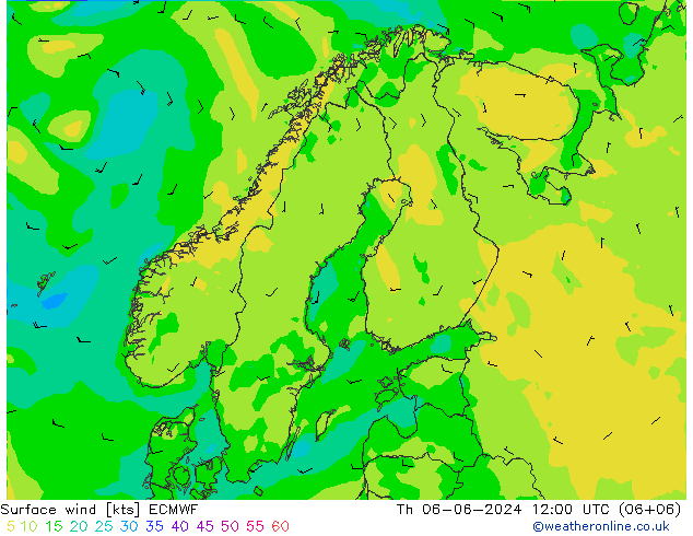 Vento 10 m ECMWF gio 06.06.2024 12 UTC