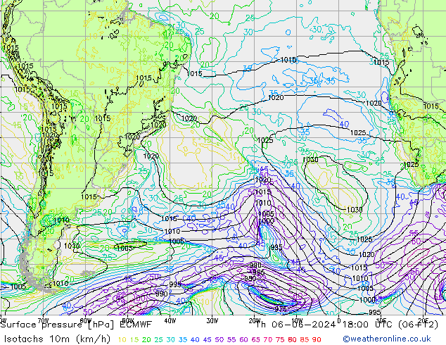 Isotaca (kph) ECMWF jue 06.06.2024 18 UTC