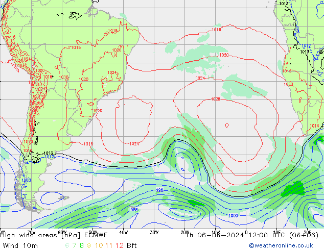 High wind areas ECMWF Čt 06.06.2024 12 UTC