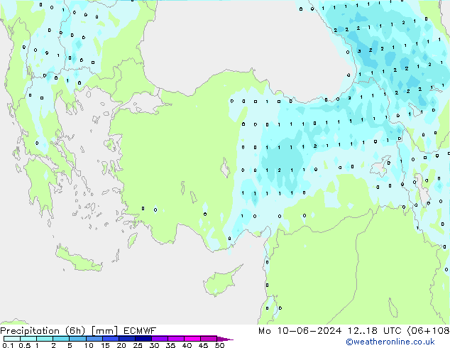 Precipitazione (6h) ECMWF lun 10.06.2024 18 UTC