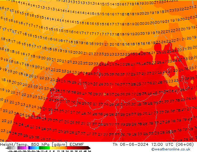 Height/Temp. 850 hPa ECMWF Th 06.06.2024 12 UTC