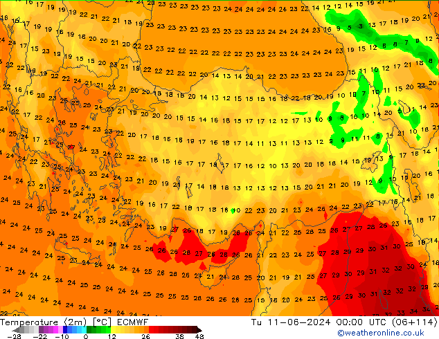 Temperature (2m) ECMWF Tu 11.06.2024 00 UTC