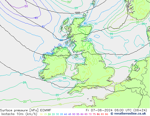 Isotachs (kph) ECMWF ven 07.06.2024 06 UTC