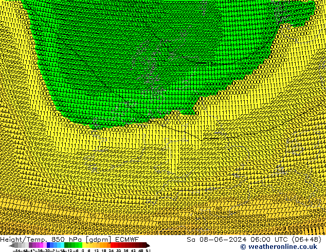 Height/Temp. 850 hPa ECMWF So 08.06.2024 06 UTC