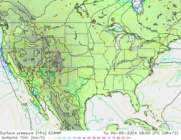 Isotachs (kph) ECMWF dim 09.06.2024 06 UTC