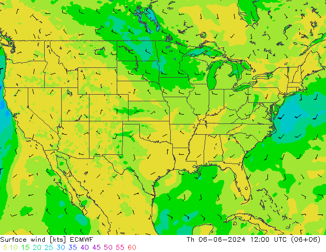 Surface wind ECMWF Čt 06.06.2024 12 UTC