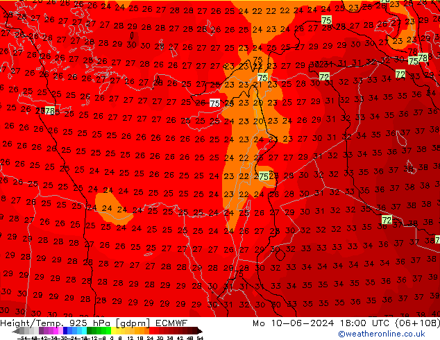 Height/Temp. 925 hPa ECMWF lun 10.06.2024 18 UTC